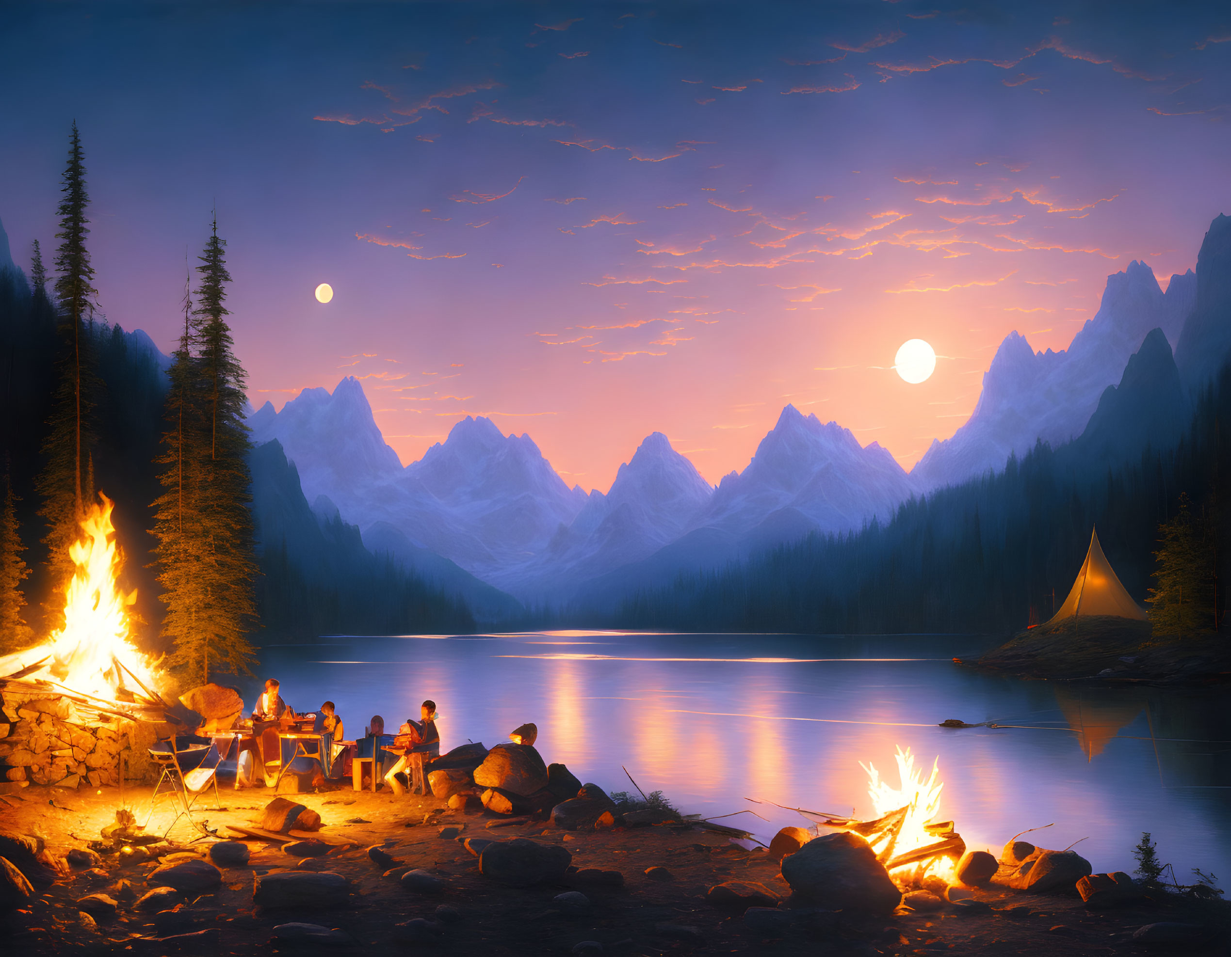 Camping scene by lake: people around fire, lit tents, mountains, dusk sky with two moons