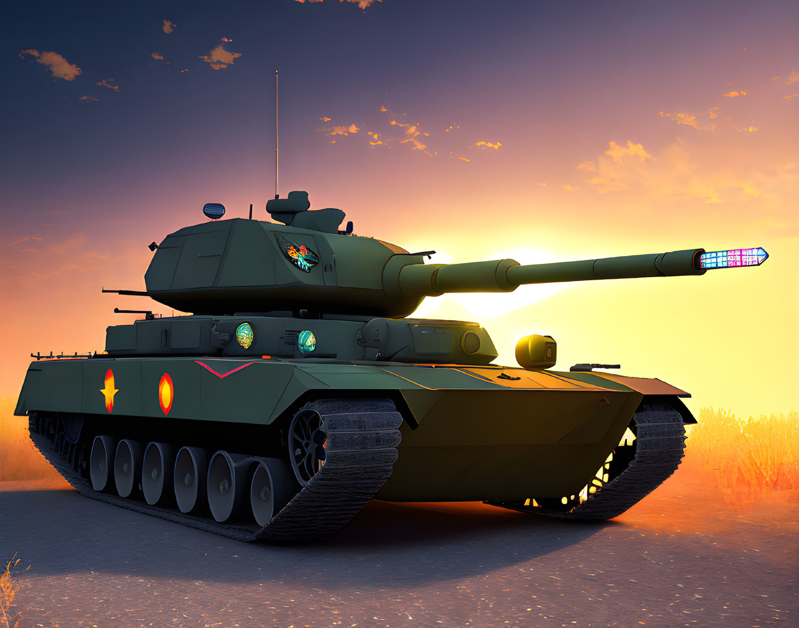 Modern Battle Tank in Camouflage Paint Scheme Against Sunset Sky