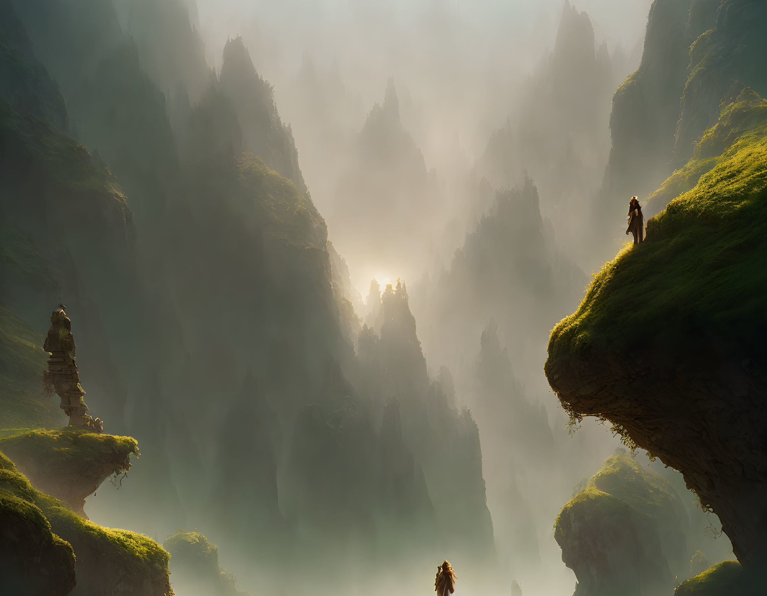 Misty green cliffs and figures in serene landscape
