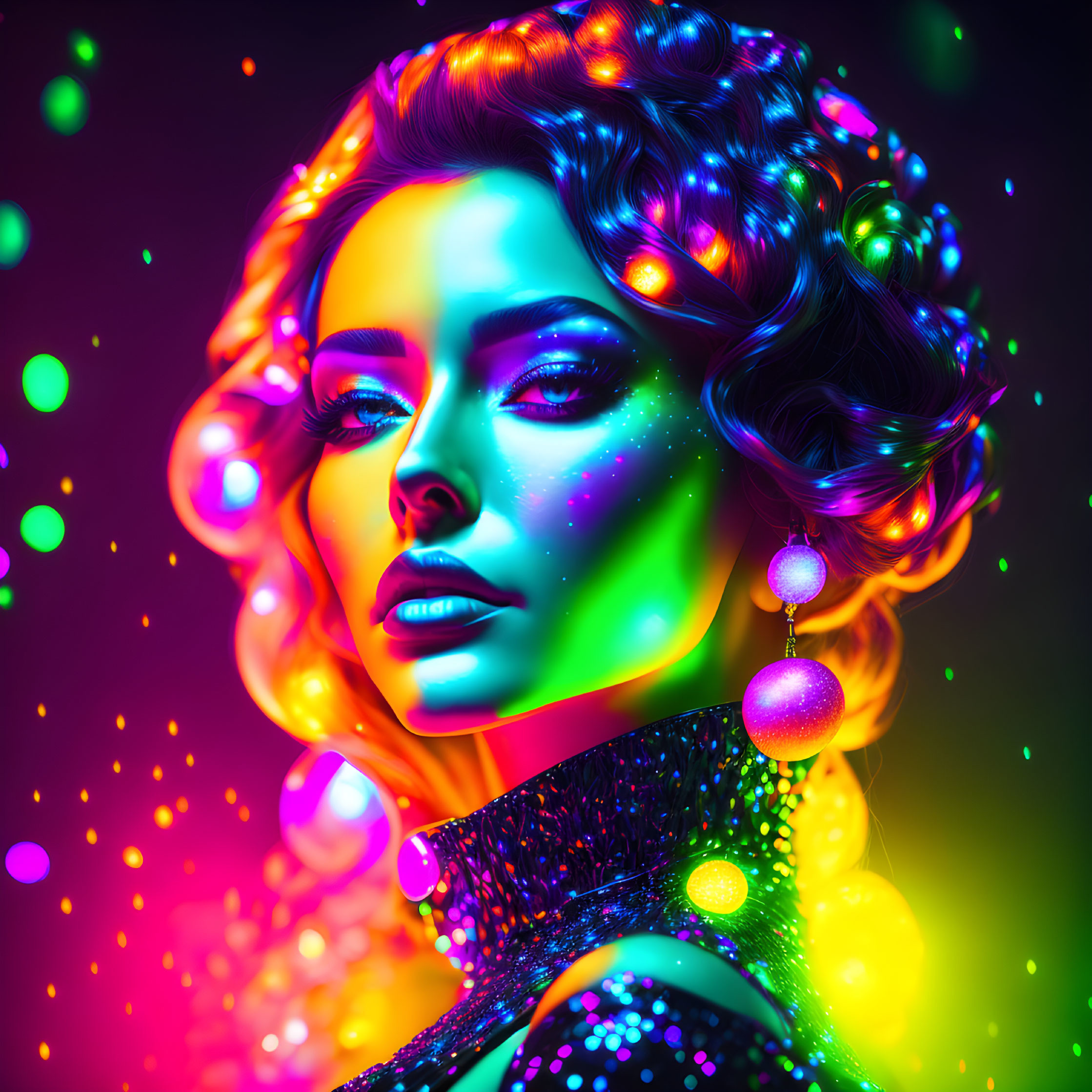 Colorful digital art: Woman with neon skin, festive baubles, and bokeh background