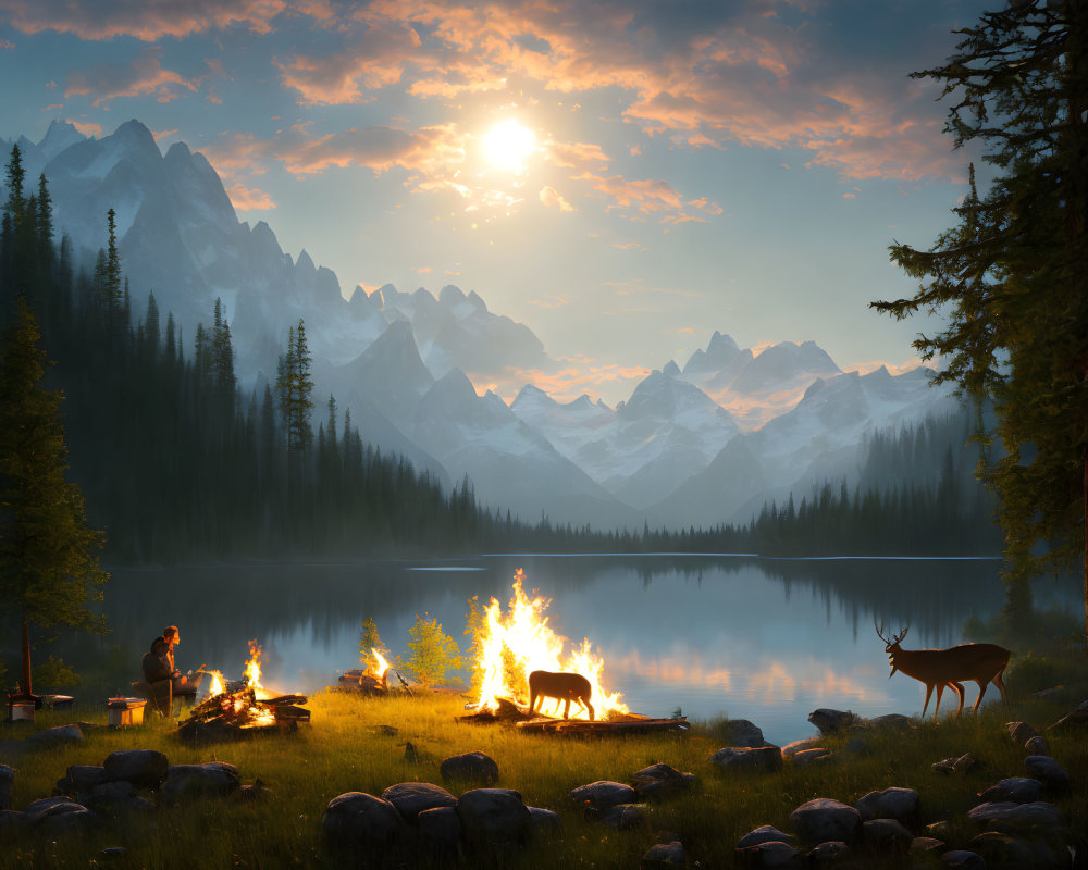 Tranquil Mountain Lake Sunset Scene with Campfire and Deer