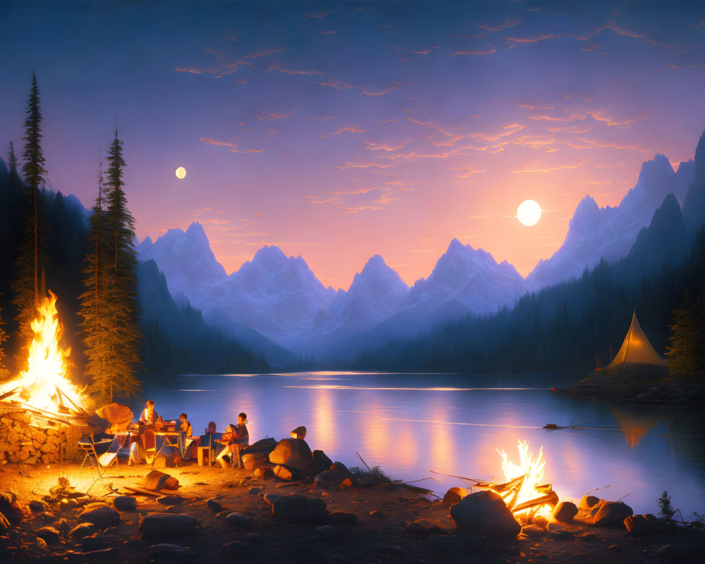 Camping scene by lake: people around fire, lit tents, mountains, dusk sky with two moons