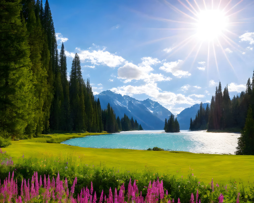Tranquil lake with greenery, purple flowers, pine trees, and mountains under a sunny sky