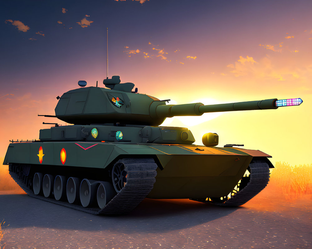 Modern Battle Tank in Camouflage Paint Scheme Against Sunset Sky