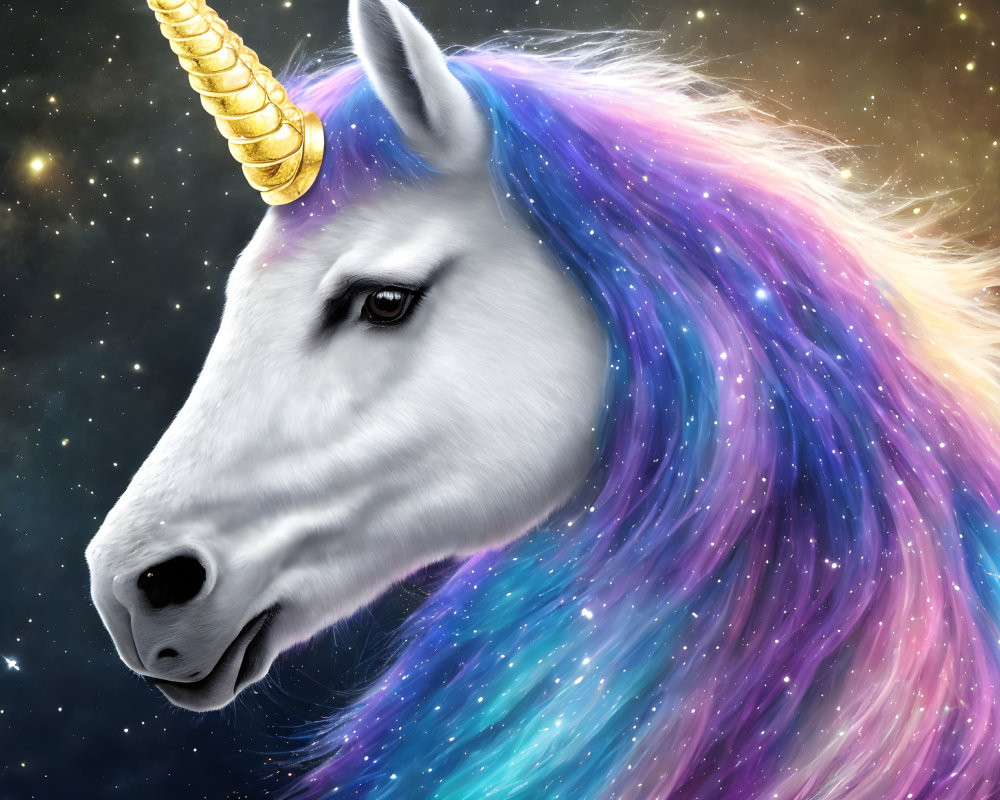 Detailed Unicorn Head Illustration with Gold Horn & Rainbow Mane on Starry Night Sky