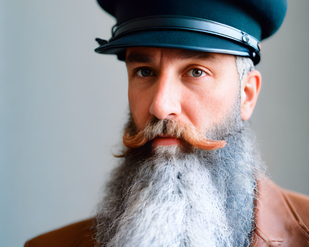 Man with Styled Mustache and Long Beard Wearing Beret in Serious Expression