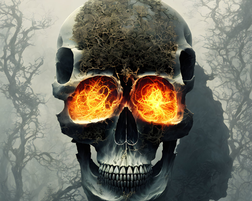 Skull with Moss, Fiery Eyes, Misty Trees Background