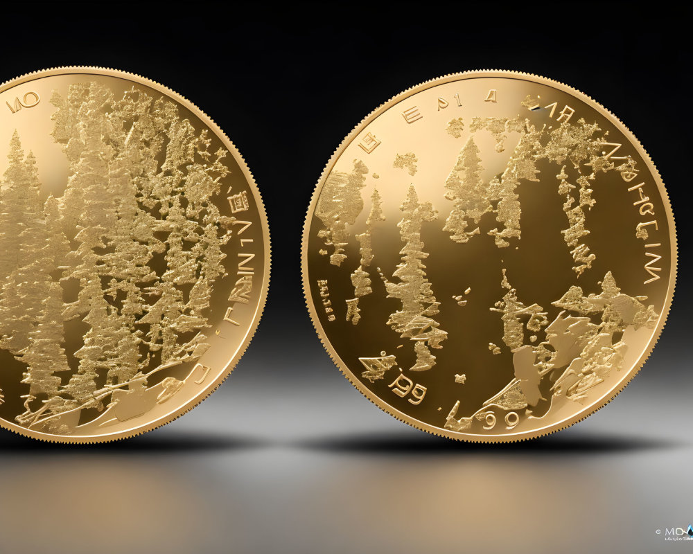Two gold coins with tree designs on dark background