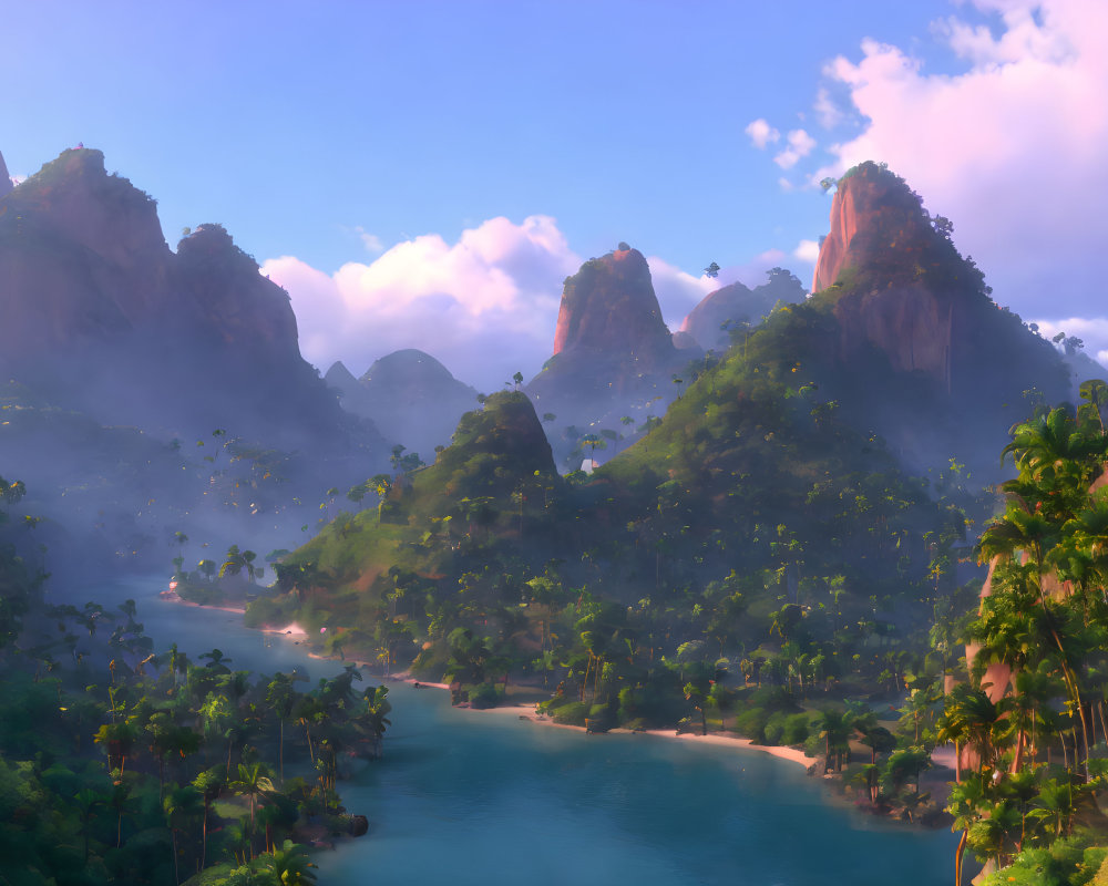 Animated landscape: Lush green islands, towering peaks, blue river, pink clouds