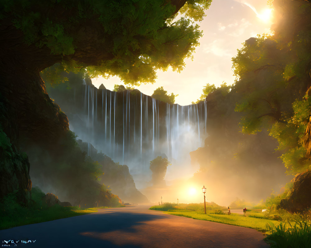 Scenic road through sunlit valley with waterfall and streetlamps