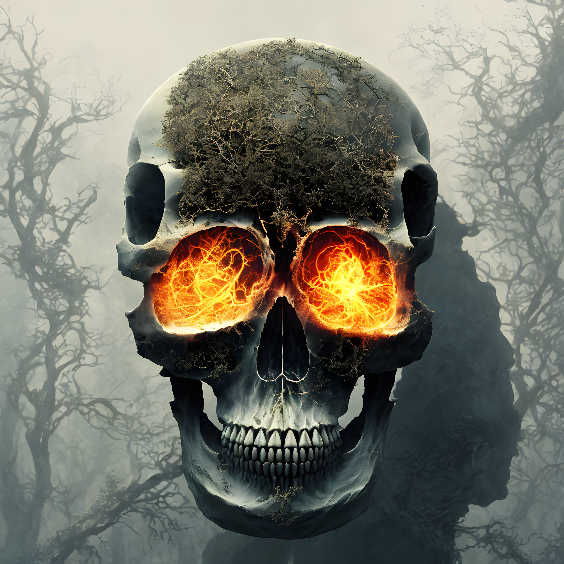 Skull with Moss, Fiery Eyes, Misty Trees Background