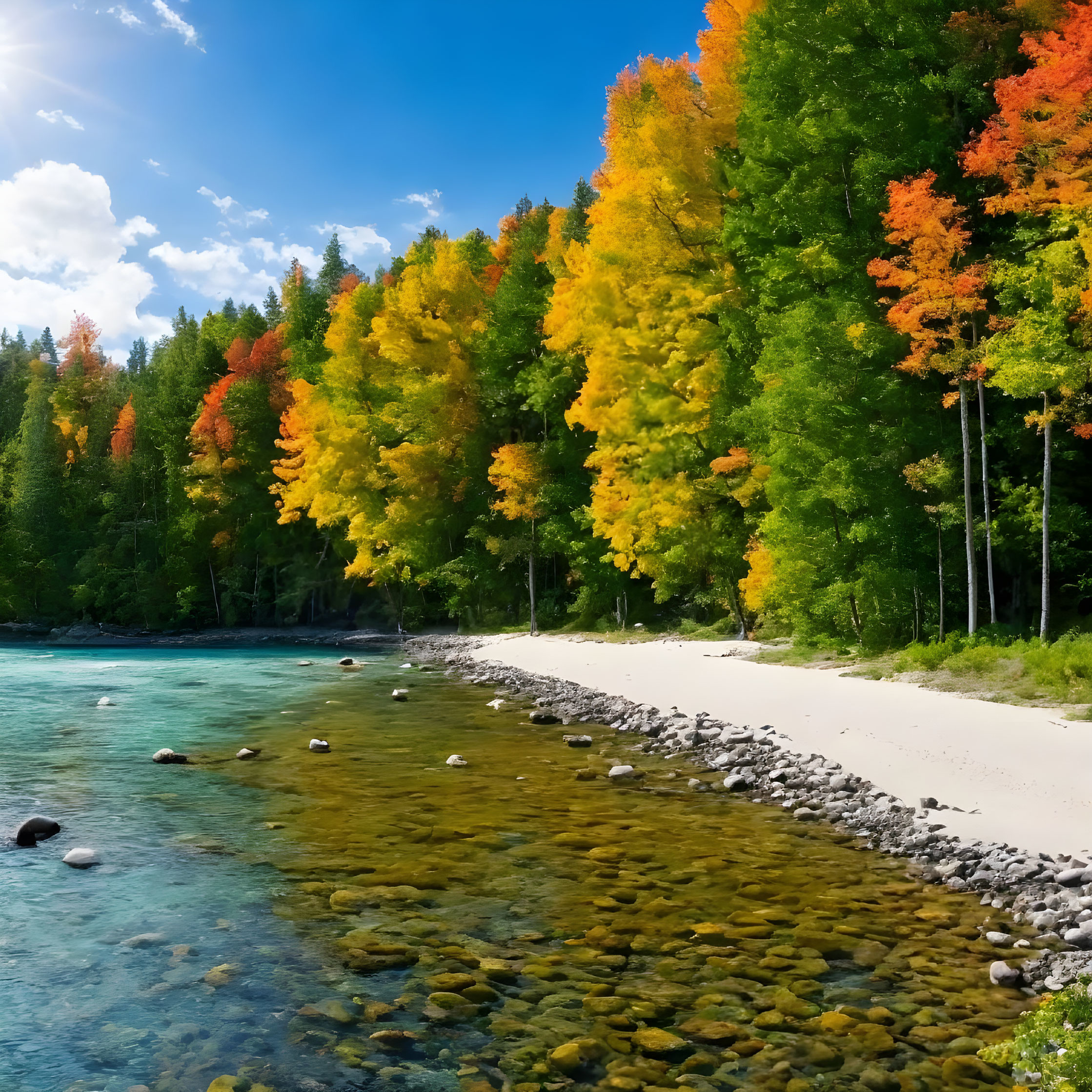 Scenic riverbank with clear waters, autumn trees, and blue sky