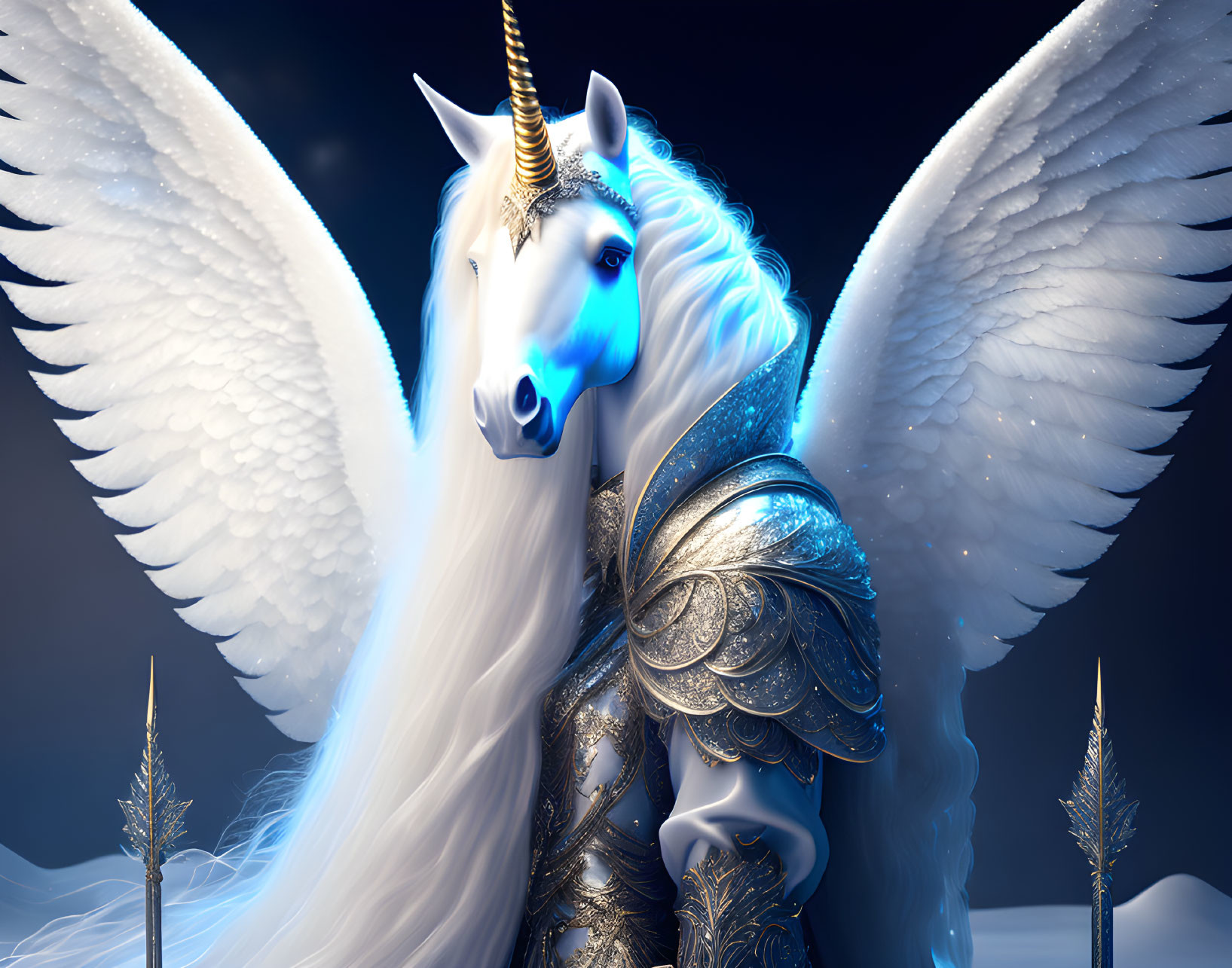 Majestic winged unicorn with golden horn in elaborate armor against twilight backdrop