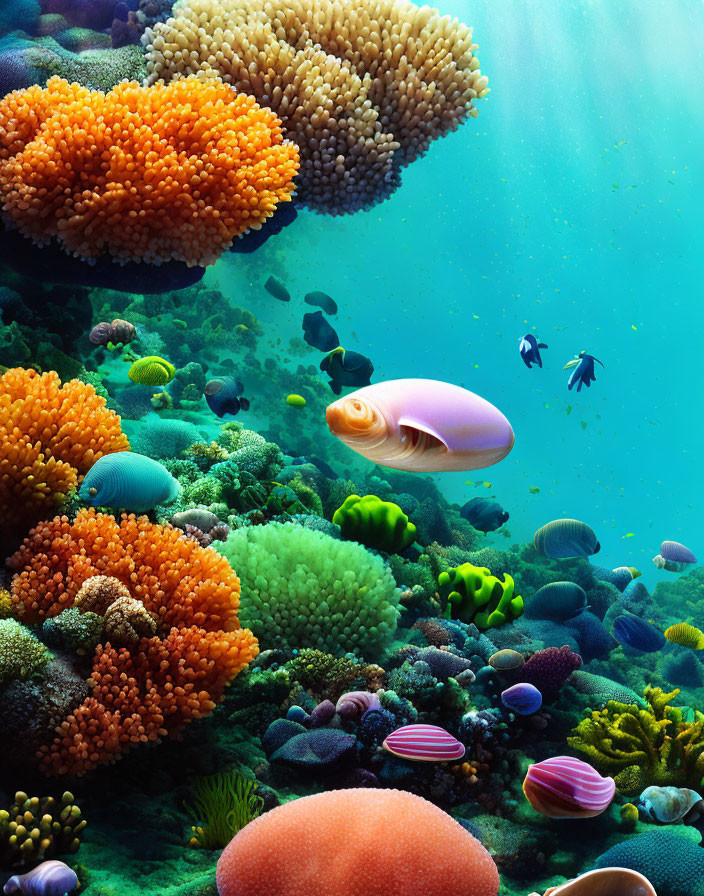 Colorful Underwater Scene with Coral, Fish, and Sunlight