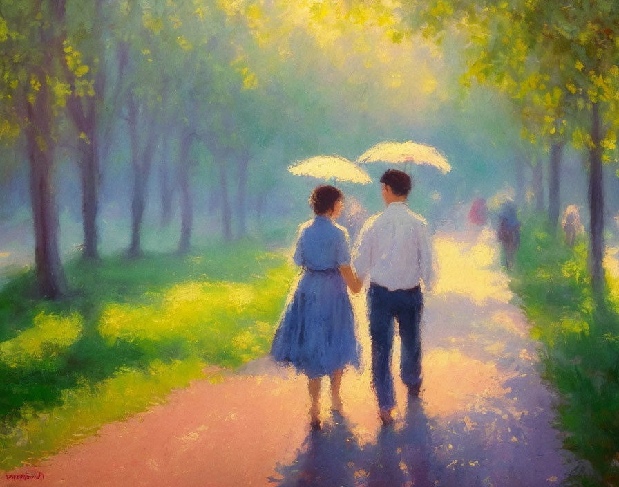 Couple Walking Hand in Hand with White Umbrellas in Sunlit Park