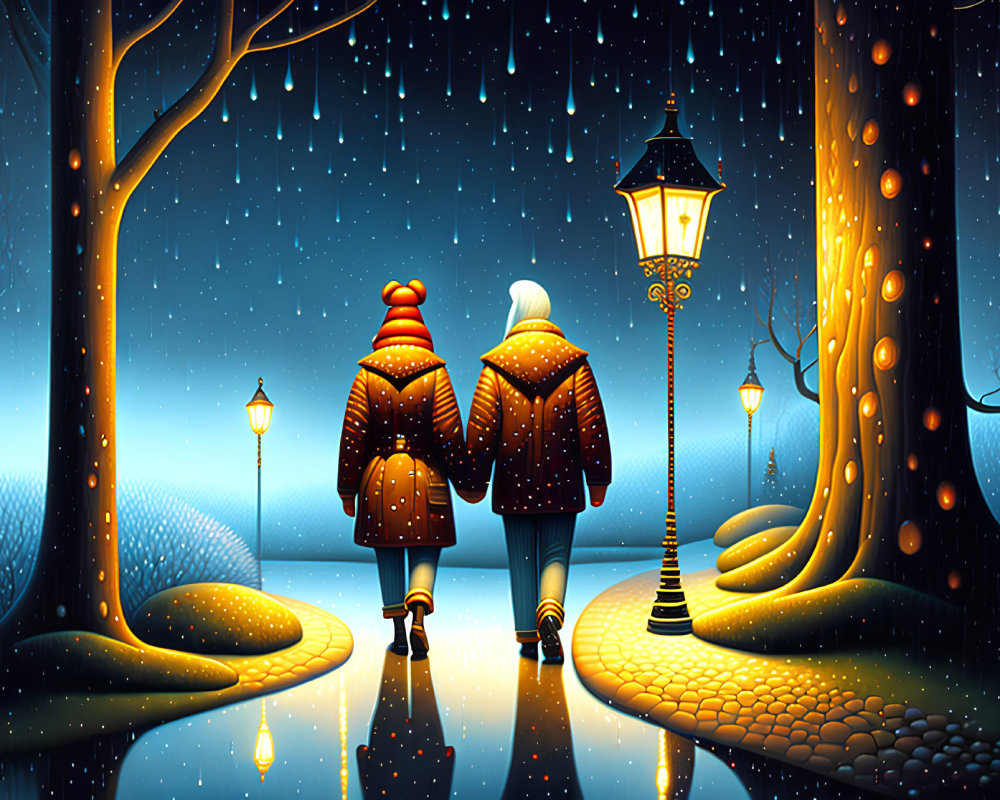Two Individuals Walking on Snowy Pathway Amidst Winter Night