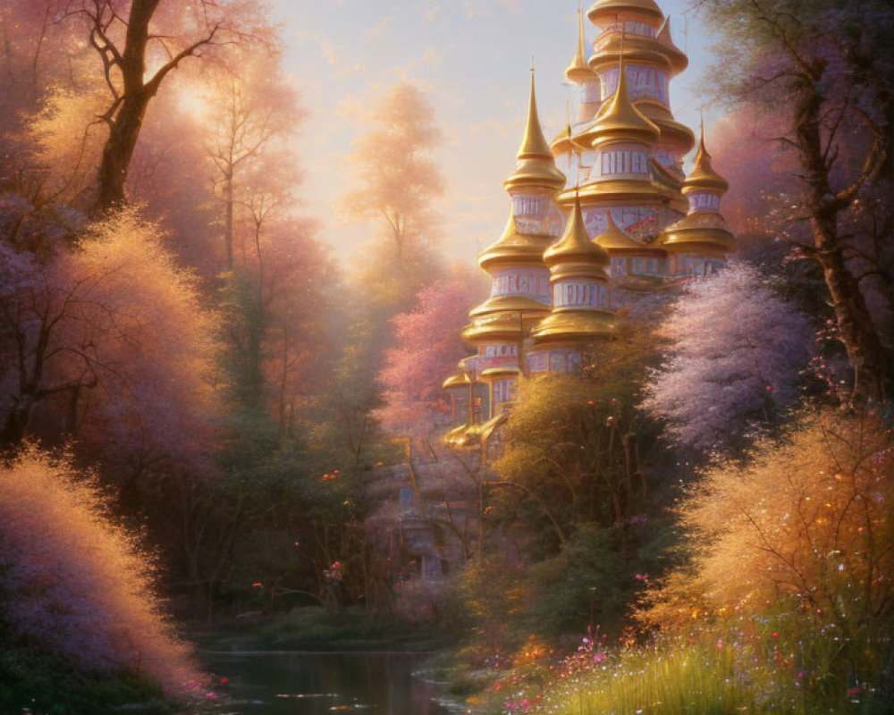 Mystical multi-tiered pagoda in serene landscape at dusk