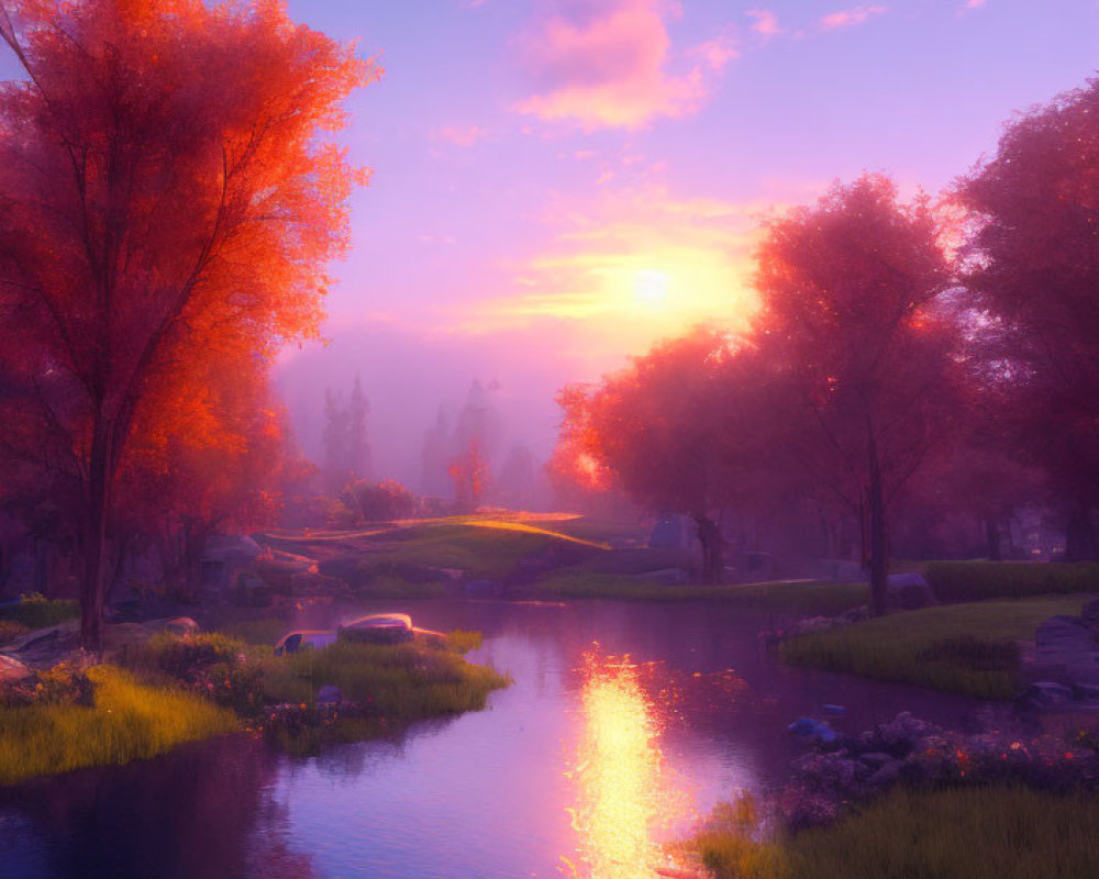 Tranquil river at sunset with red foliage trees in misty landscape