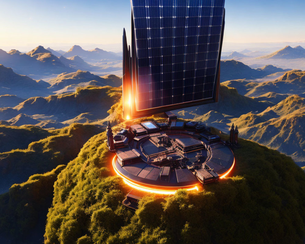 Sunrise view of futuristic solar power plant in green hills with sci-fi structures & orange lights