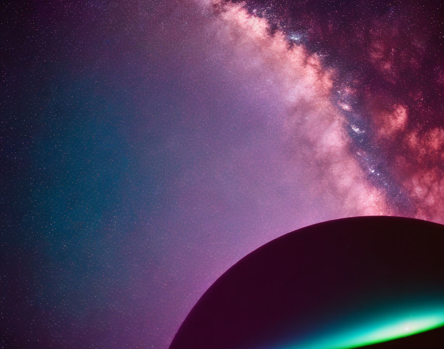 Colorful starry sky over silhouetted planet in cosmos
