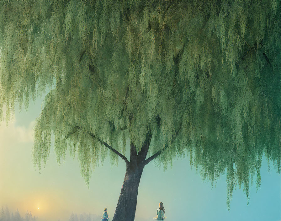Serene scene: Willow tree, two people, sunrise or sunset