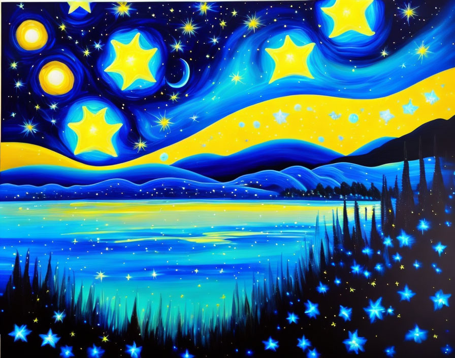 Colorful painting of starry night sky over blue landscape with water