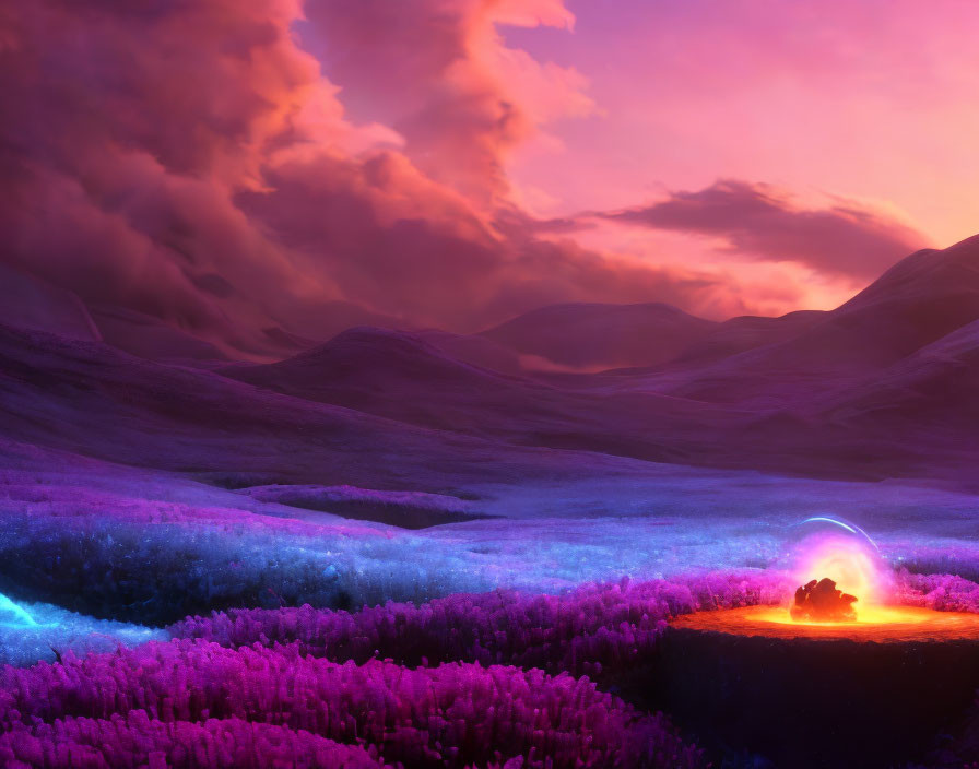 Surreal landscape with purple foliage, pink sky, rolling hills, glowing crevice, and blue