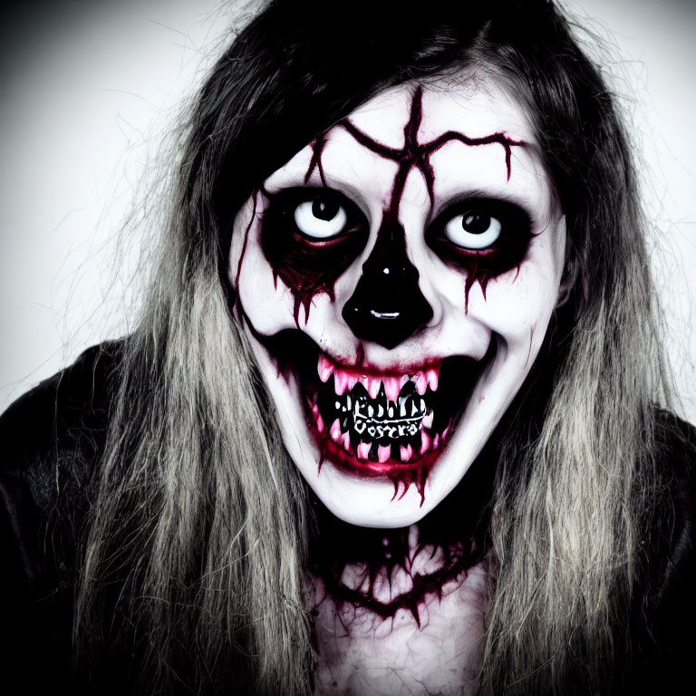 Horror-themed makeup with black hollow eyes, red cracked skin, and sharp-toothed mouth on