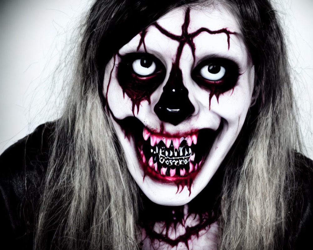 Horror-themed makeup with black hollow eyes, red cracked skin, and sharp-toothed mouth on