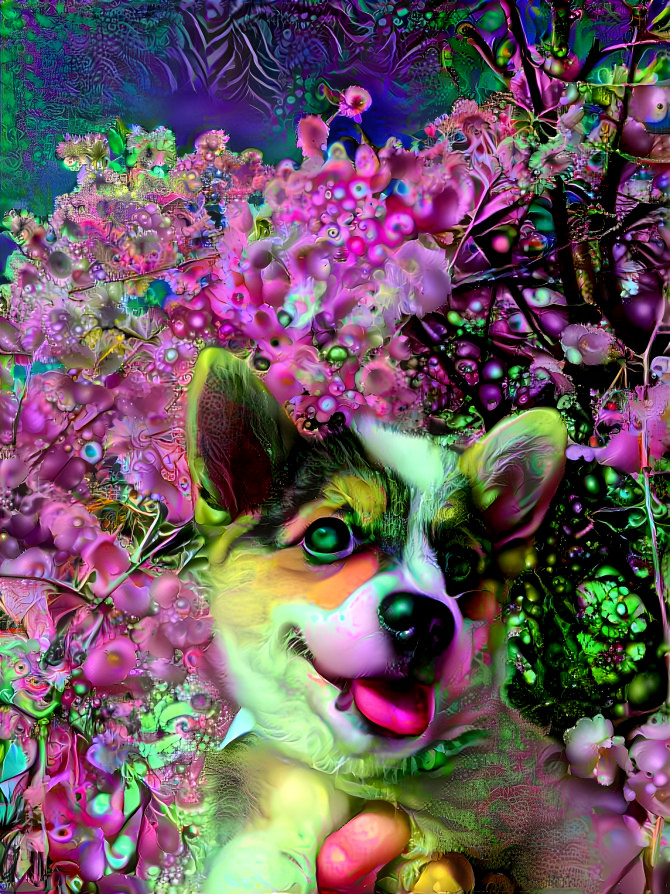 Cherry blossom corgi puppy