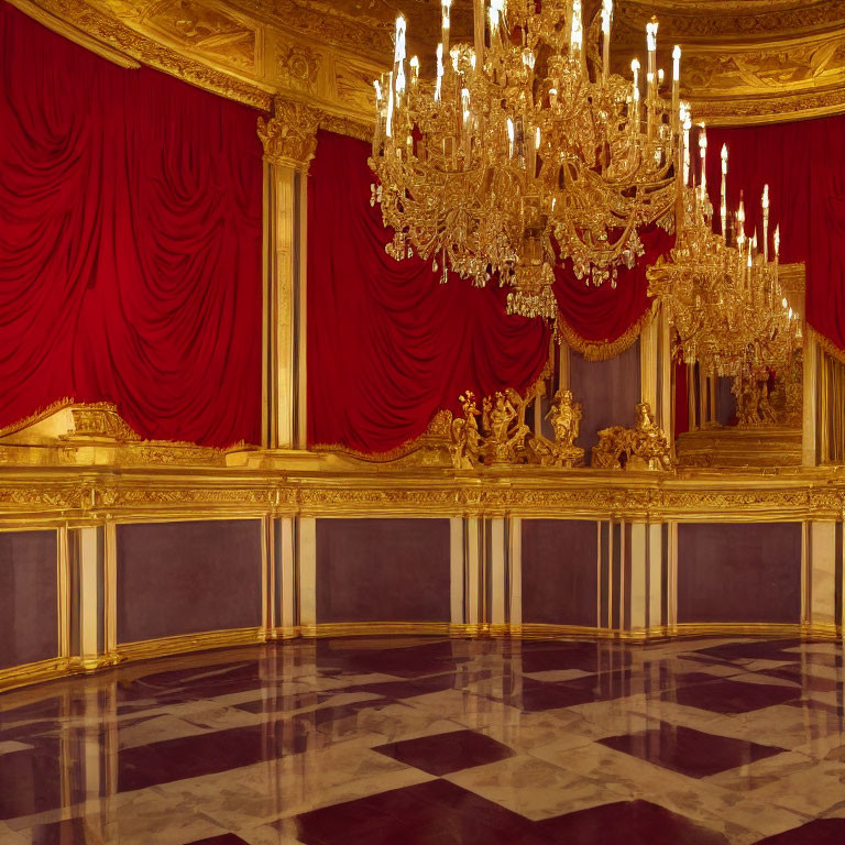 Luxurious Room with Red Velvet Curtain, Gold Trimmings, Crystal Chandeliers, and Check