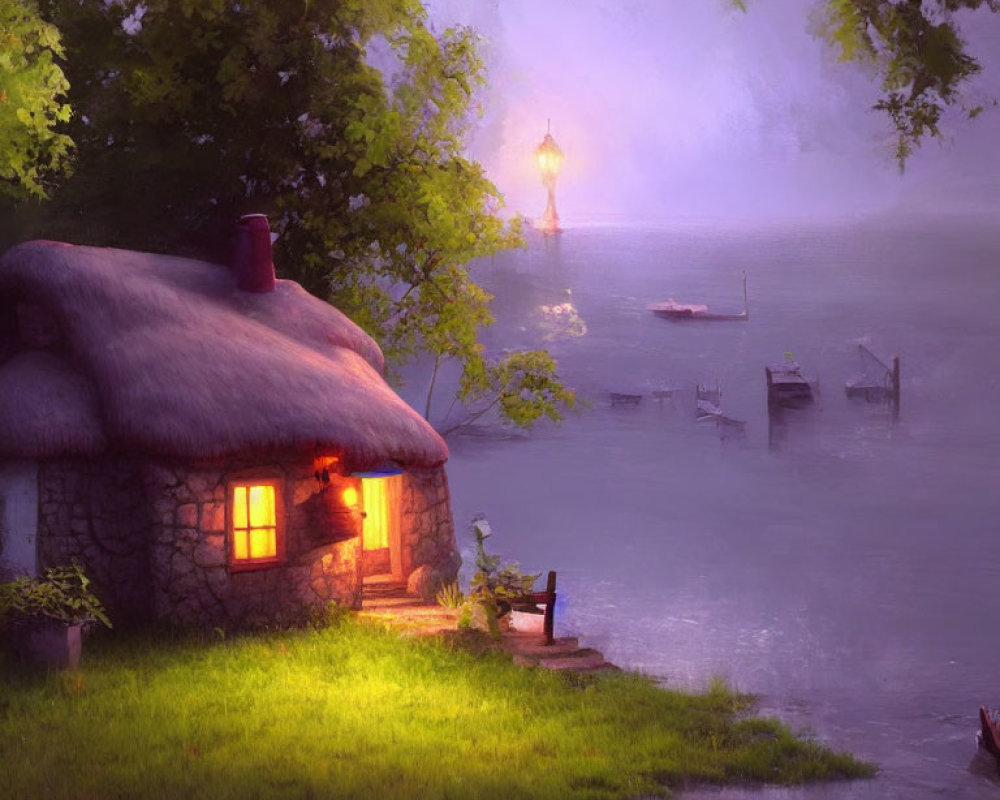 Stone cottage with thatched roof by serene lake at dusk with glowing lantern and warm light.