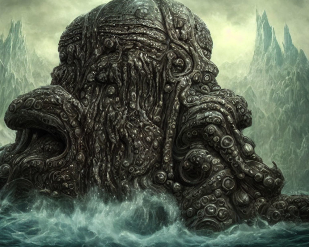 Gigantic octopus creature with multiple tentacles in a mountainous seascape