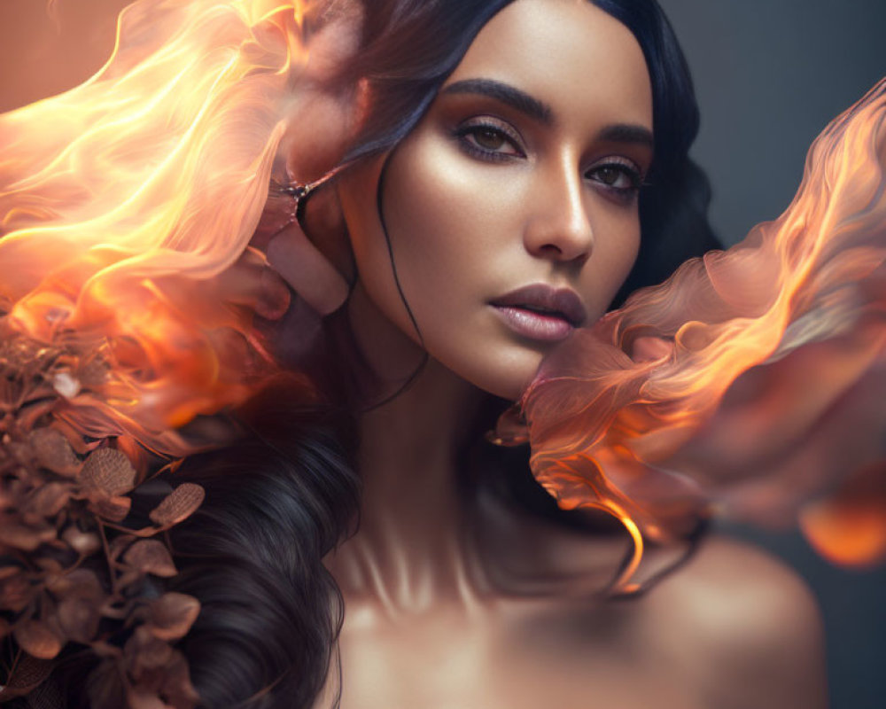 Dark-haired woman with smoky eye makeup surrounded by artistic flames for a fiery look