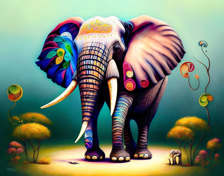 Vibrant elephant painting with decorative patterns in whimsical landscape
