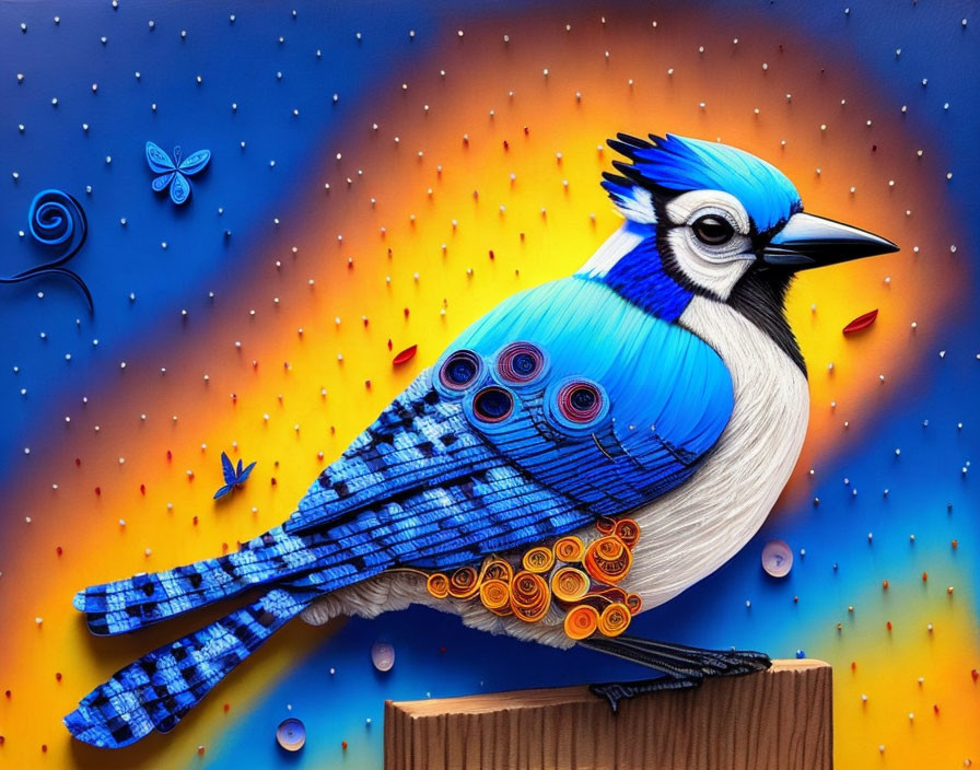 Colorful Stylized Blue Jay Artwork with Butterflies and Branch