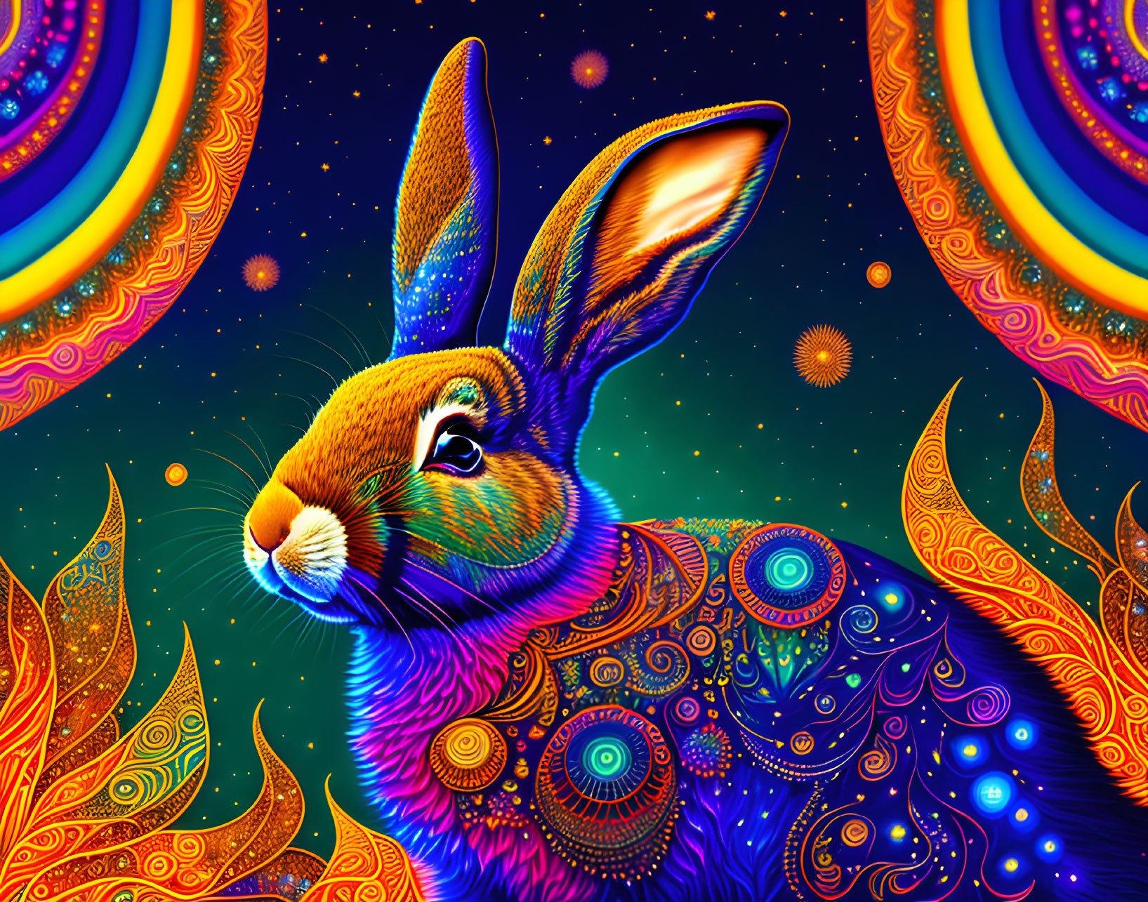 Colorful Stylized Rabbit Art with Cosmic Background