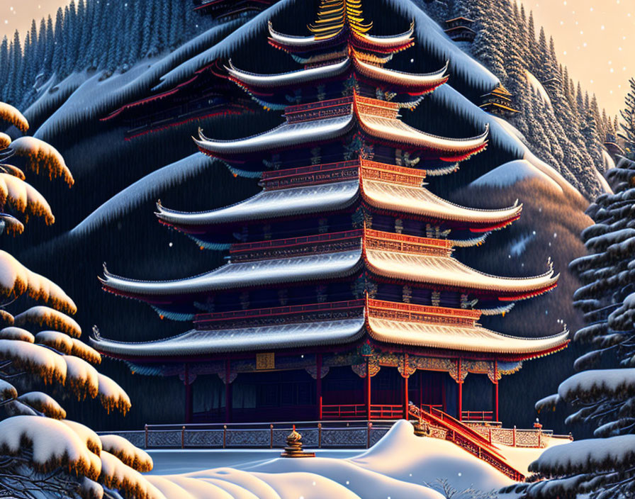 Snowy Landscape: Multi-Tiered Pagoda, Pine Trees, Dusk/Dawn Sky