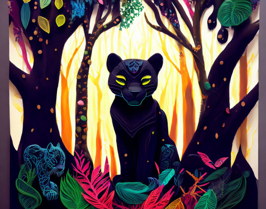 Colorful Stylized Panther in Mystical Forest with Glowing Trees