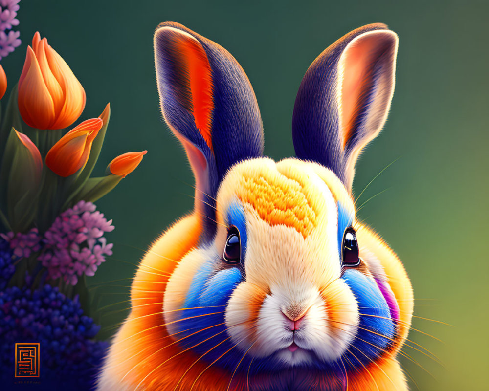 Colorful Rabbit Illustration with Glossy Coat and Flowers in Background