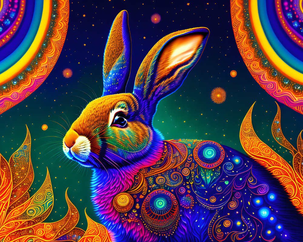 Colorful Stylized Rabbit Art with Cosmic Background