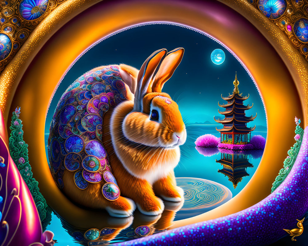 Colorful digital artwork: Golden rabbit with intricate patterns in whimsical moonlit scene