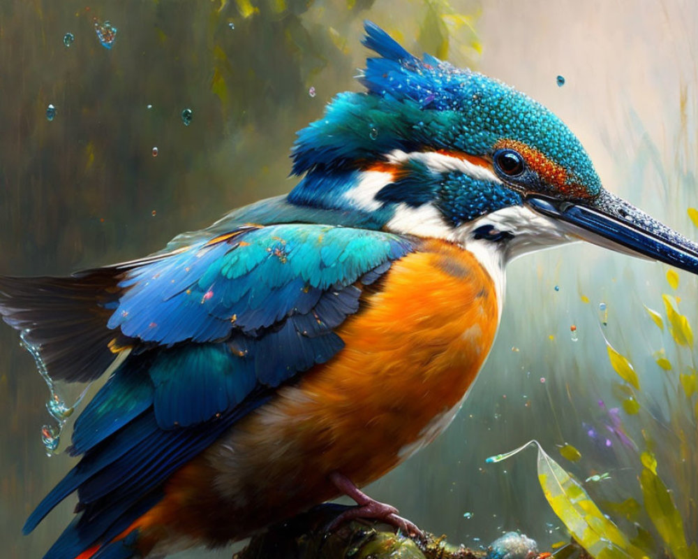 Detailed Digital Painting of Vibrant Kingfisher Bird Perched on Branch