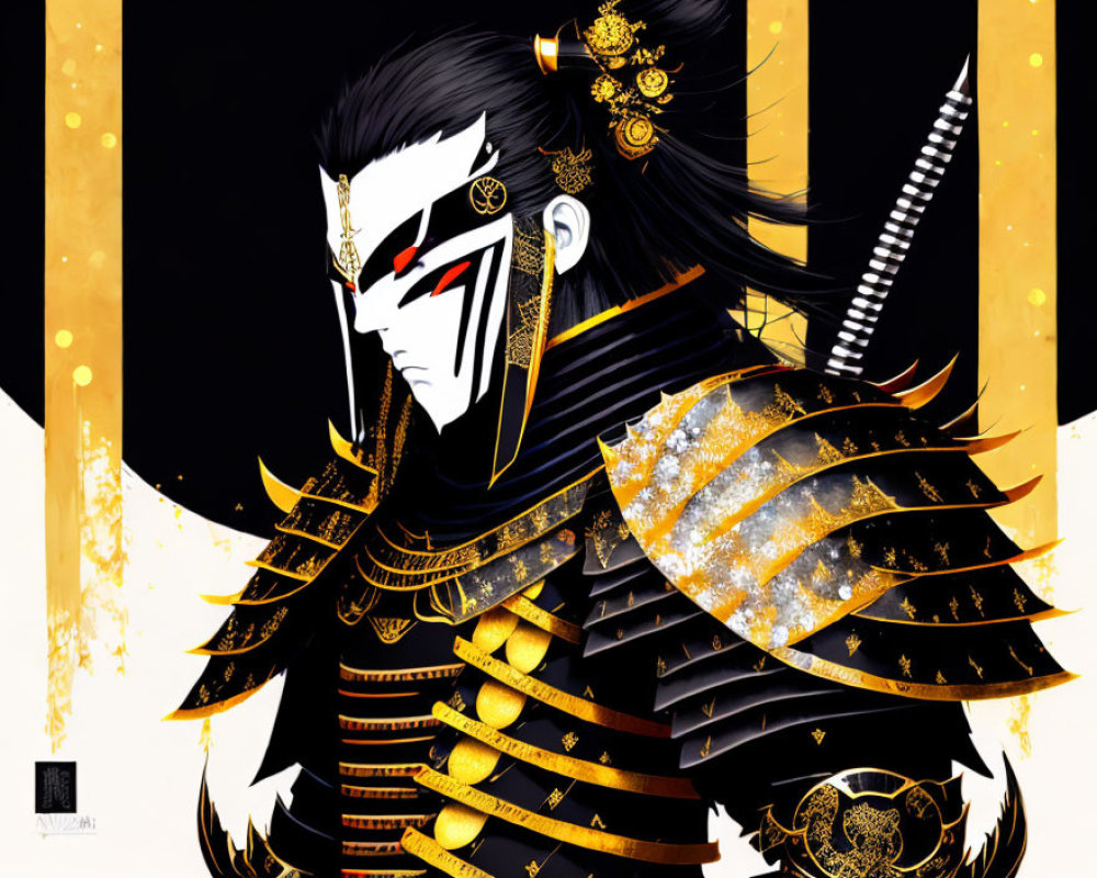 Warrior illustration with Kabuki mask, black and gold armor, katana.
