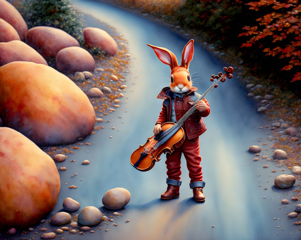 Anthropomorphic rabbit with violin by stream and boulders