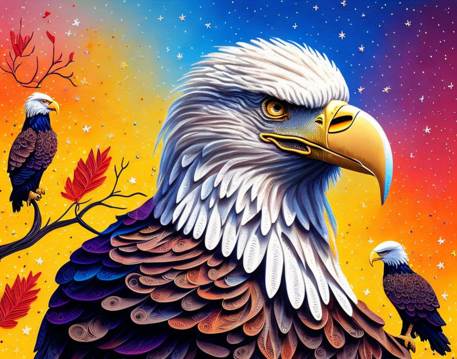 Detailed Bald Eagle Illustration Against Night Sky with Stars