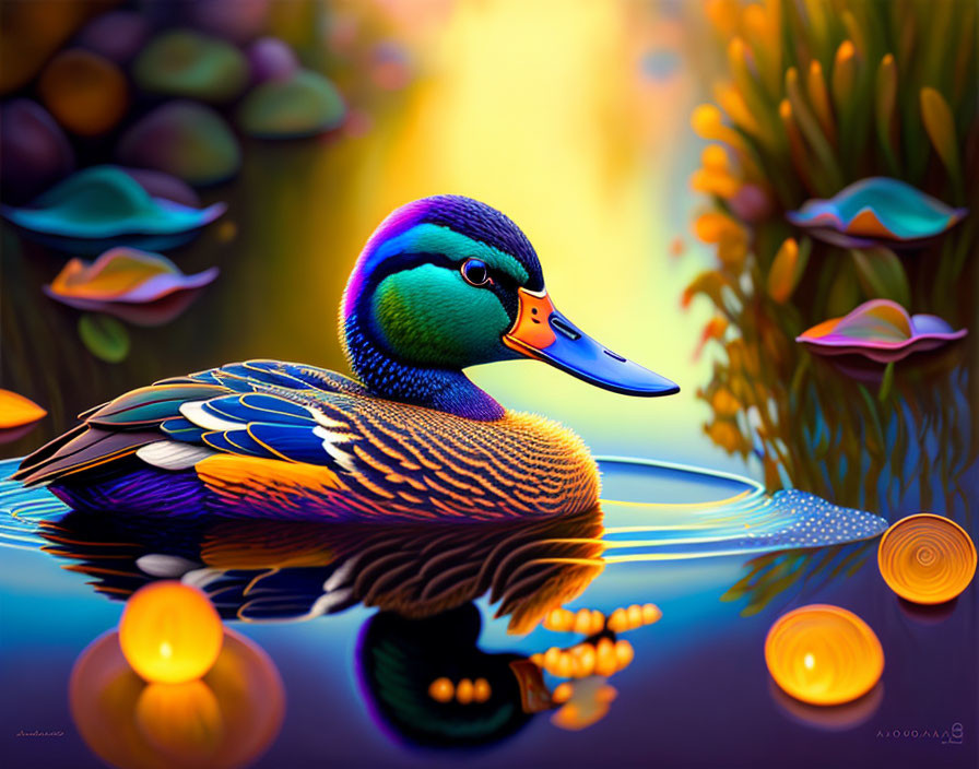 Colorful digital artwork: Duck on water with lily pads & orbs