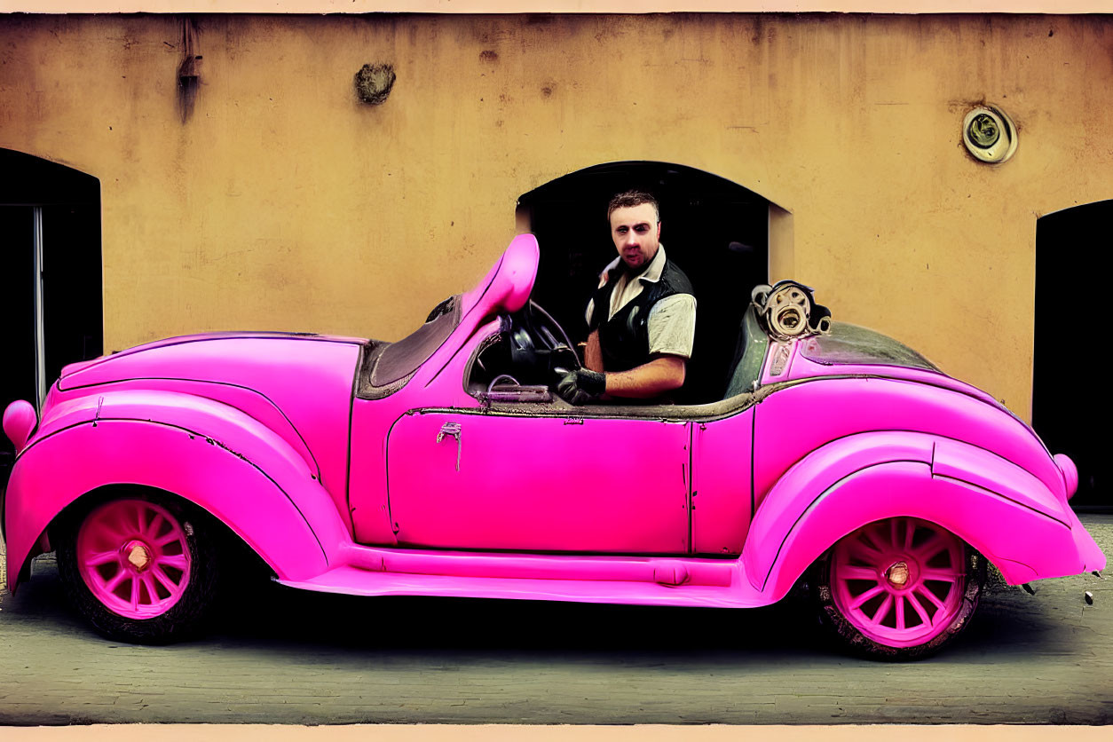 Vintage Outfit Man in Bright Pink Classic Car by Beige Building