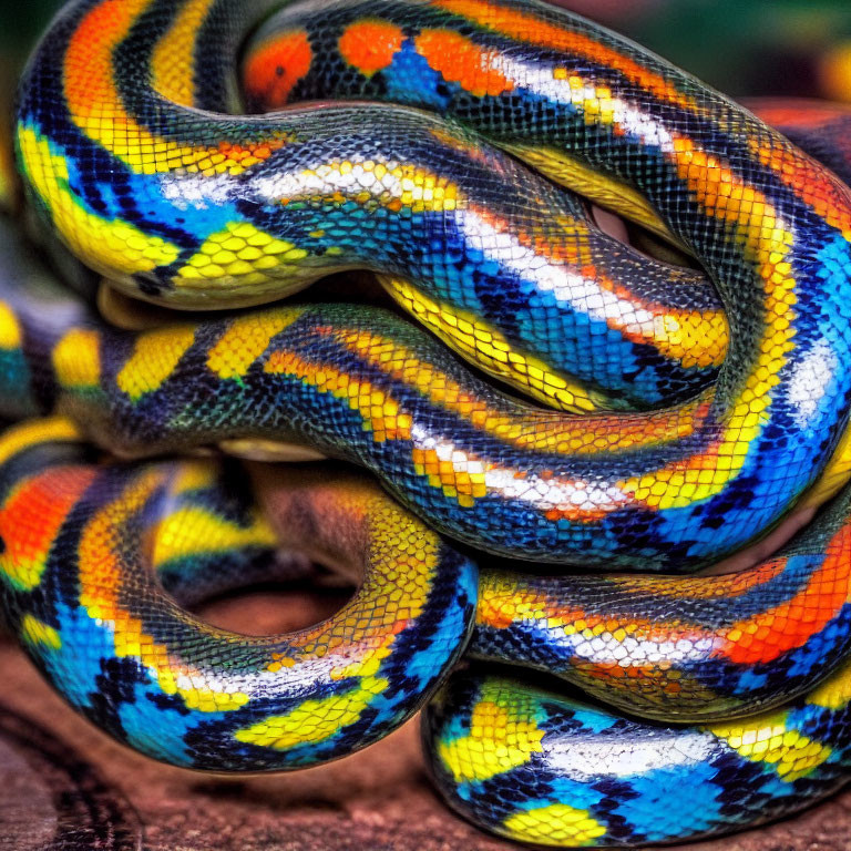 Vibrantly colored snake with yellow, blue, orange, and black pattern, tightly coiled.