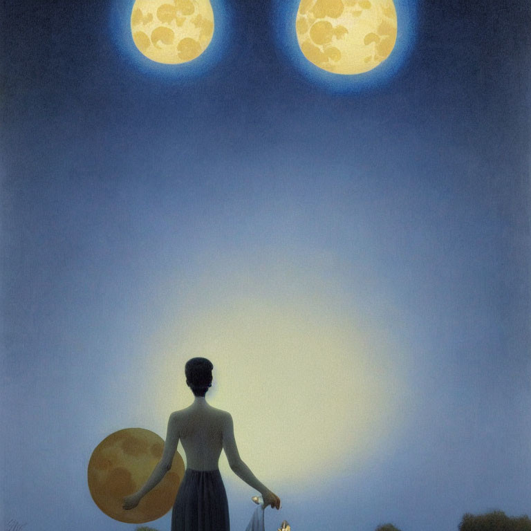 Person holding circular object under two full moons in twilight sky